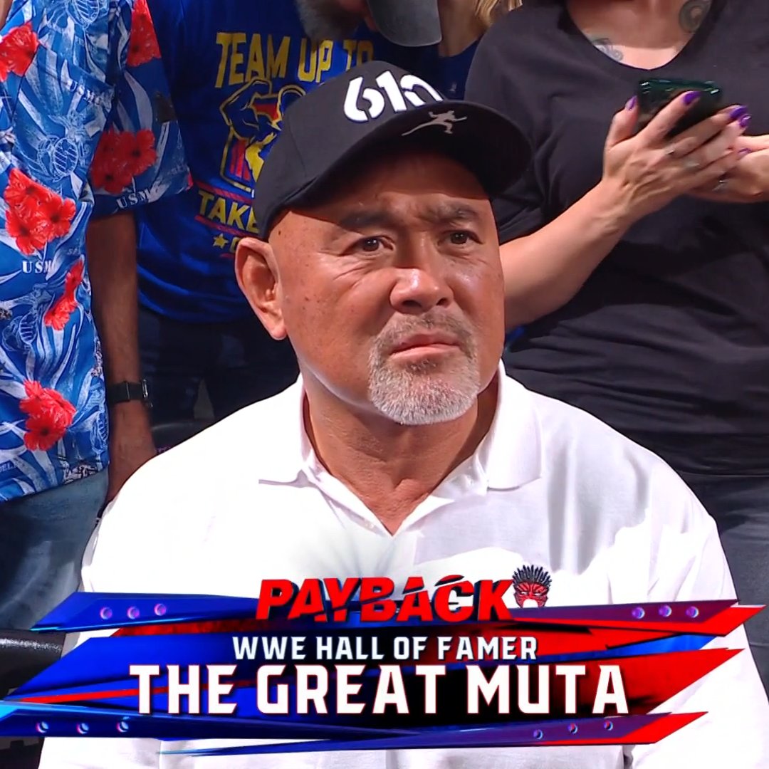 The Great Muta appears ringside for WWE Payback main event
