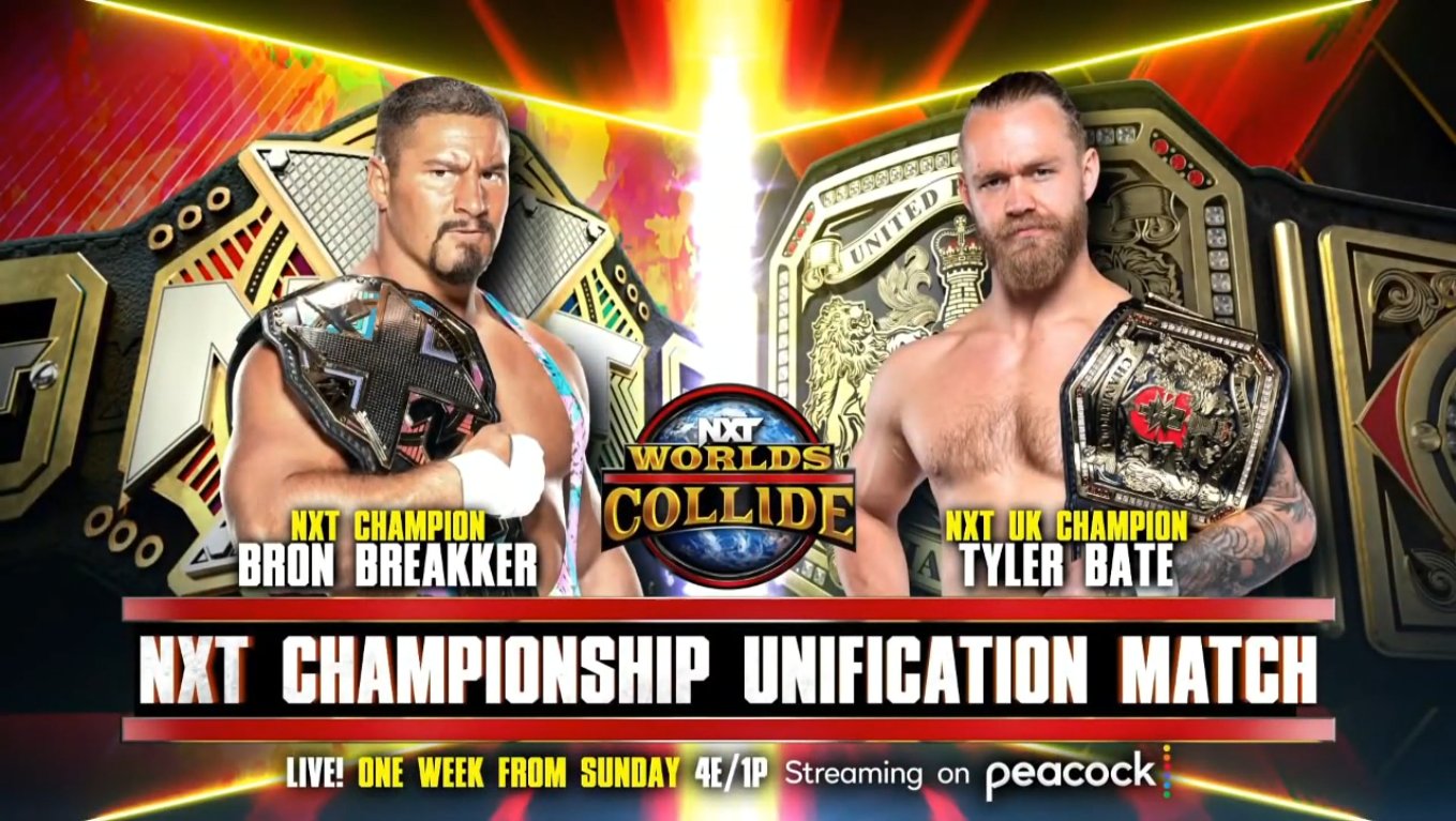 Bron Breakker vs. Tyler Bate title unification match set for WWE NXT Worlds Collide