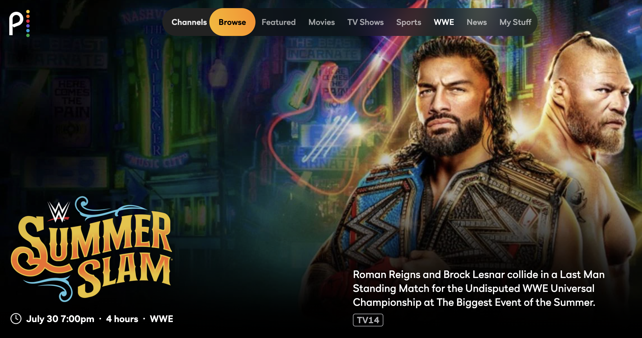 WWE SummerSlam listed with TV-14 rating on Peacock