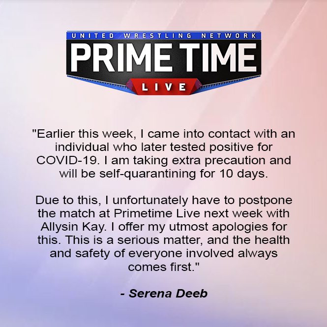 Serena Deeb off UWN Primetime Live as COVID-19 precaution