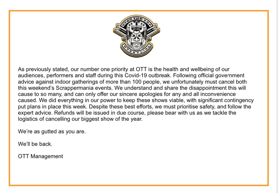 OTT cancels ScrapperMania 6 events amid coronavirus outbreak