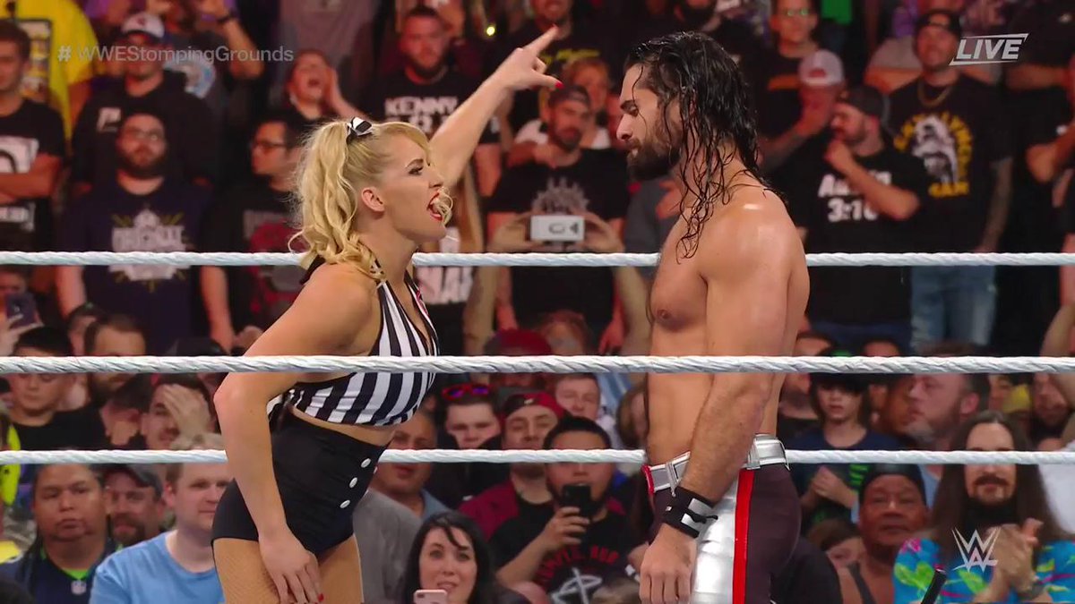 Lacey Evans referees Rollins vs. Corbin at WWE Stomping Grounds