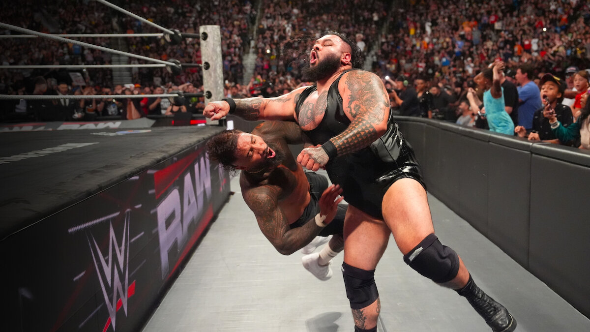 Bronson Reed reacts to Brock Lesnar’s slip during WWE Raw